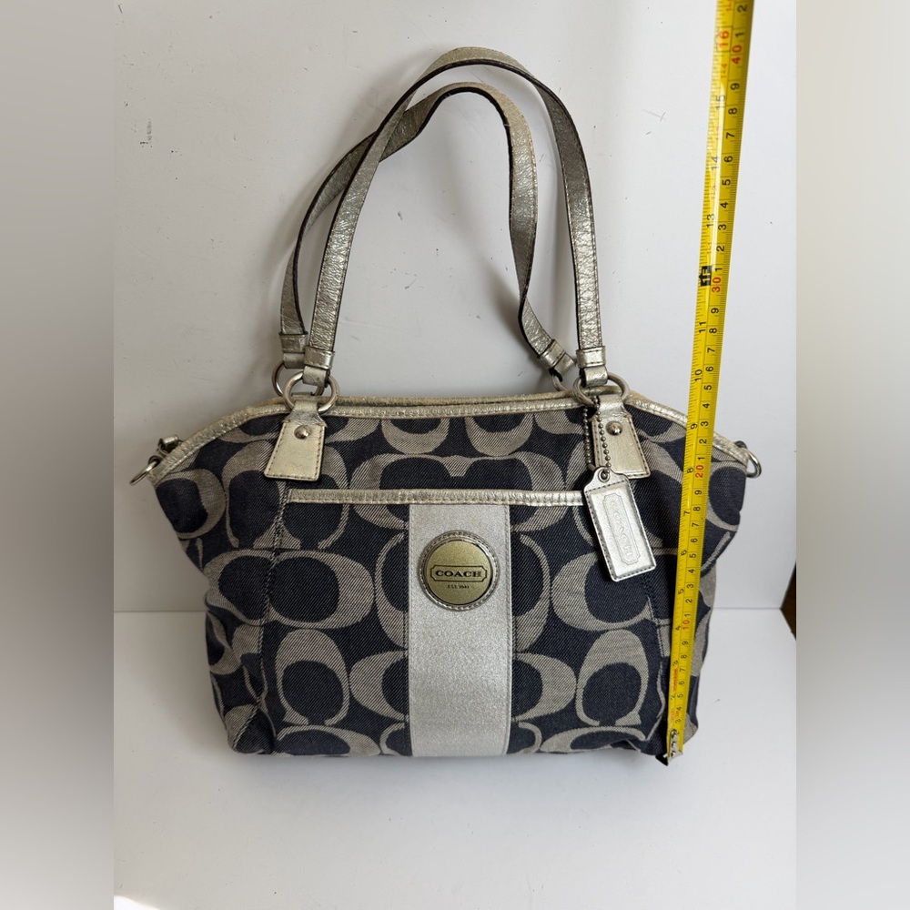 Coach Signature C Denim Stripe Tote Bag Silver Accents - Picture 3 of 14